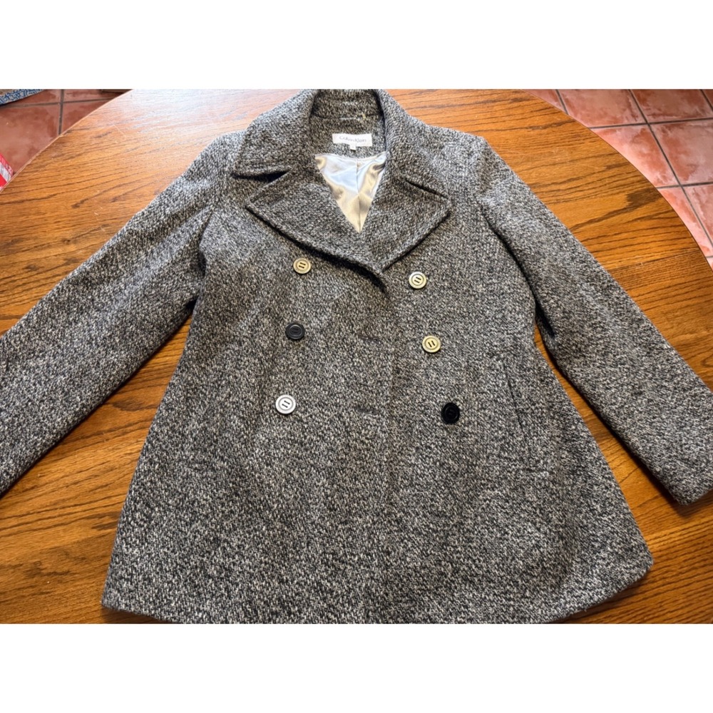 Calvin Klein Womens Gray Tweed Double Breasted Pea Coat Size 12 Notch Lapel